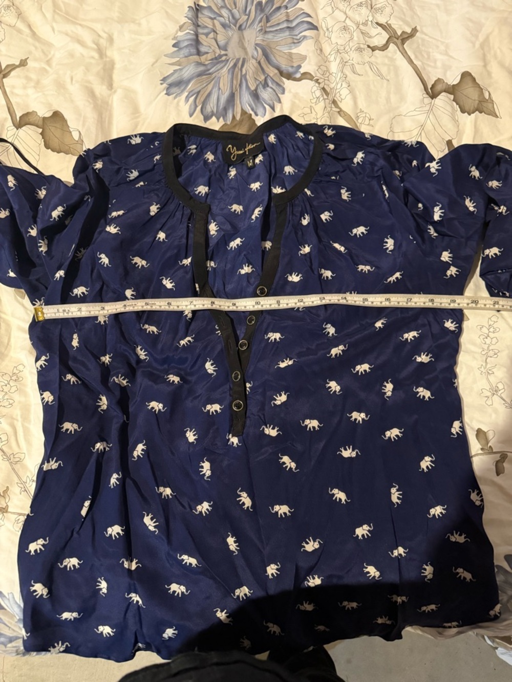 Anthropologie Yumi Kim Navy Blue Blouse with White Elephant Print